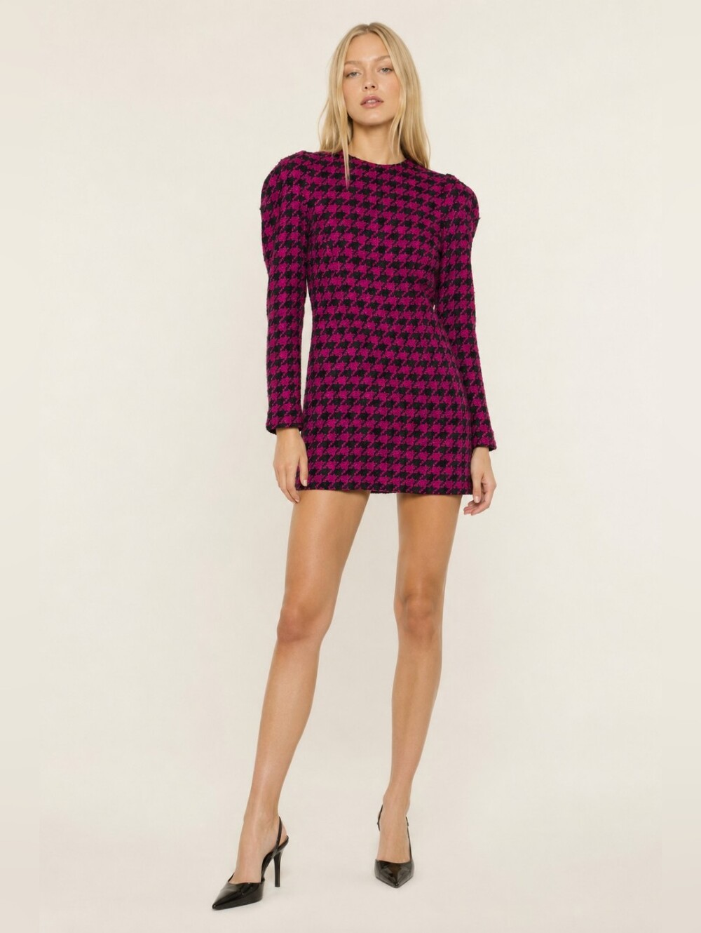 House Of Harlow 1960 x Revolve Loui Dress Size L Purple Black Houndstooth Wool